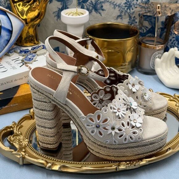 🆕 KURT GEIGER LONDON 🧿 NWOB Flower Platform Sandal, Bone Suede Sz EU 37 US 7 - Picture 10 of 16